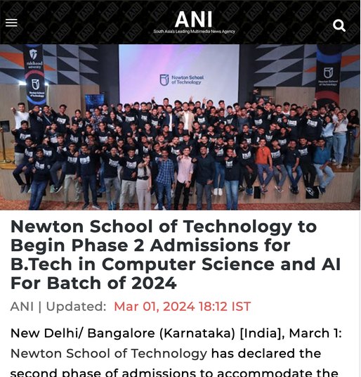 Asian News International article about Newton School