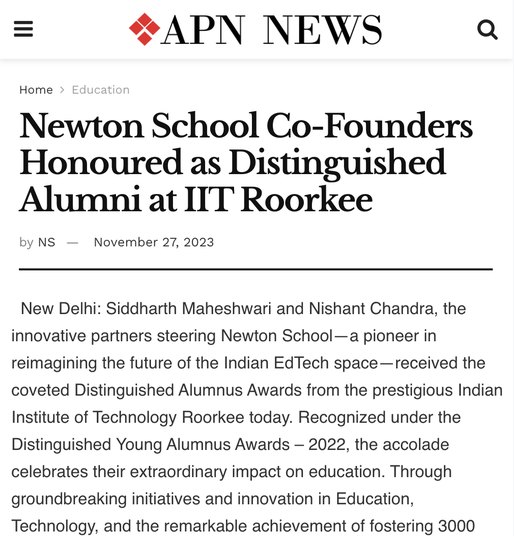 APN NEWS article about Newton School