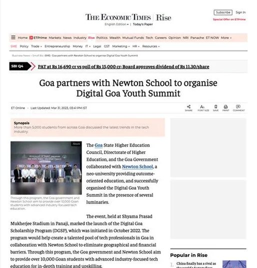 The Economic Times article about Newton School